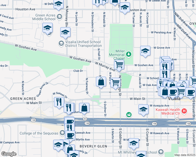 map of restaurants, bars, coffee shops, grocery stores, and more near 1505 West School Avenue in Visalia