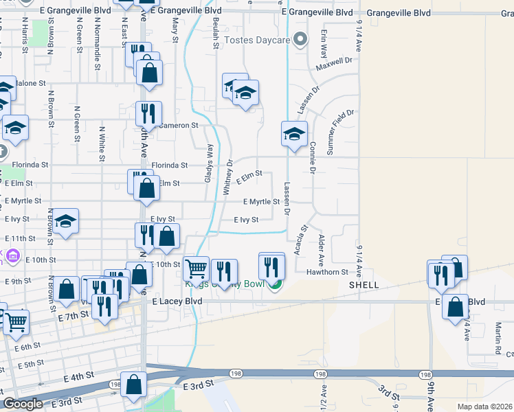 map of restaurants, bars, coffee shops, grocery stores, and more near 1005-1009 East Myrtle Street in Hanford