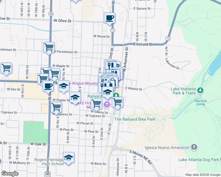 map of restaurants, bars, coffee shops, grocery stores, and more near 202 West Walnut Street in Rogers