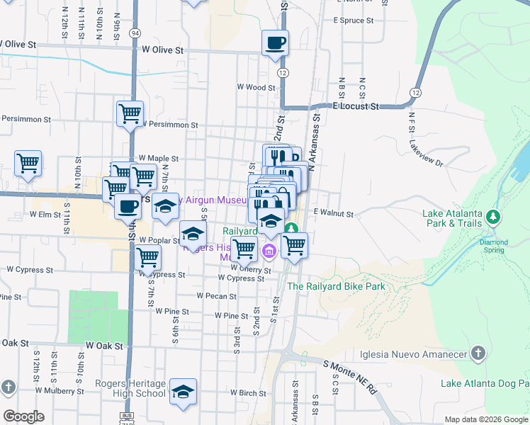 map of restaurants, bars, coffee shops, grocery stores, and more near 120 South 2nd Street in Rogers