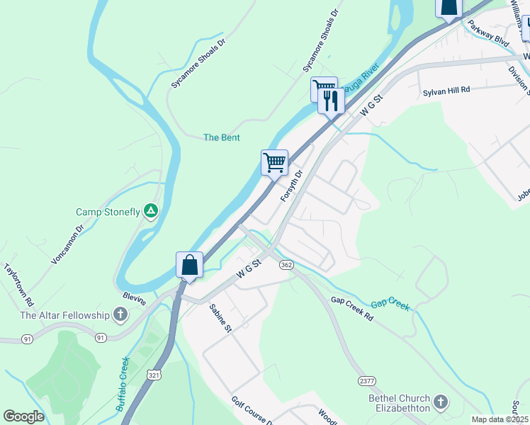 map of restaurants, bars, coffee shops, grocery stores, and more near 2138 West Elk Avenue in Elizabethton