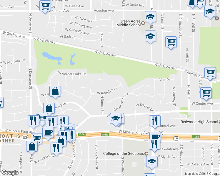 map of restaurants, bars, coffee shops, grocery stores, and more near 2632 W Keogh Ave in Visalia