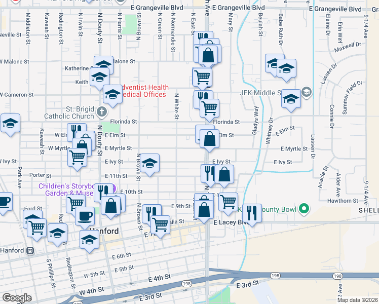 map of restaurants, bars, coffee shops, grocery stores, and more near 511 East Myrtle Street in Hanford