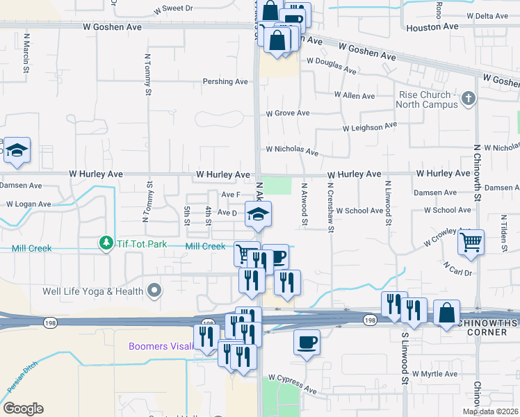 map of restaurants, bars, coffee shops, grocery stores, and more near 436 North Akers Street in Visalia