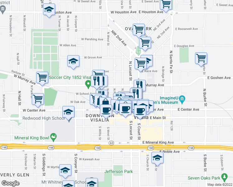map of restaurants, bars, coffee shops, grocery stores, and more near 317 West School Avenue in Visalia