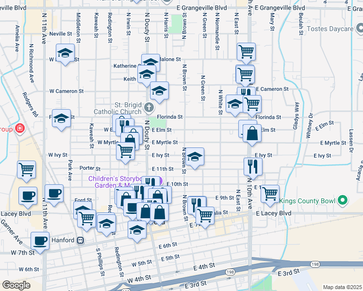 map of restaurants, bars, coffee shops, grocery stores, and more near 231 East Myrtle Street in Hanford