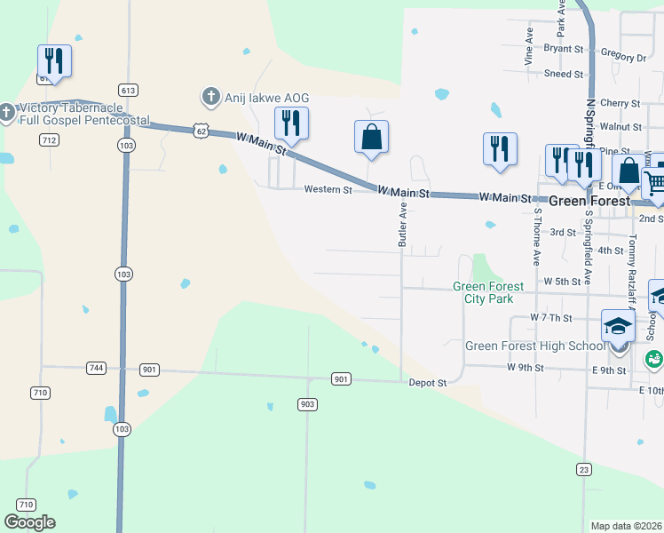 map of restaurants, bars, coffee shops, grocery stores, and more near 713 Debbie Lynn Street in Green Forest