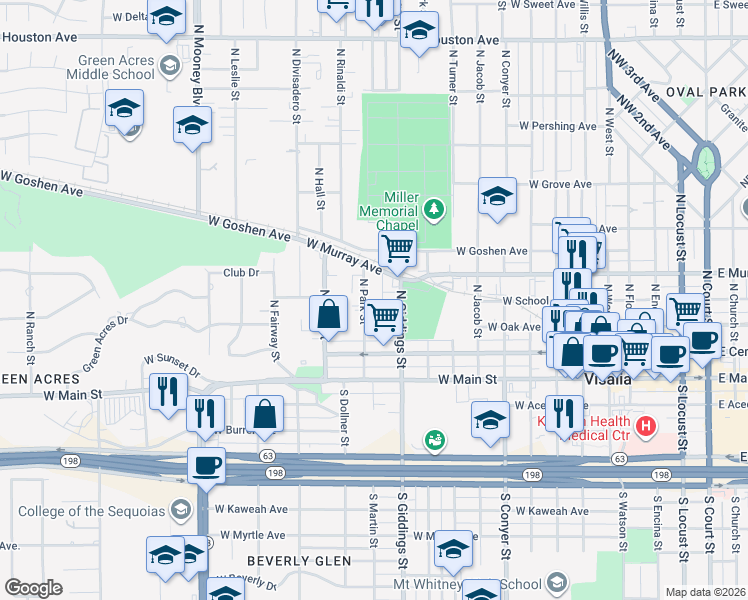 map of restaurants, bars, coffee shops, grocery stores, and more near 314 North Park Street in Visalia