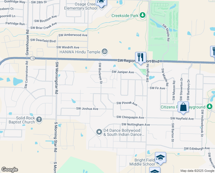 map of restaurants, bars, coffee shops, grocery stores, and more near 2504 Southwest Arbor Road in Bentonville