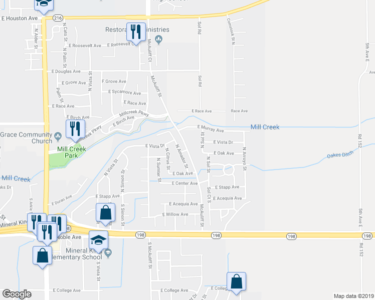 map of restaurants, bars, coffee shops, grocery stores, and more near McAuliff Street in Visalia