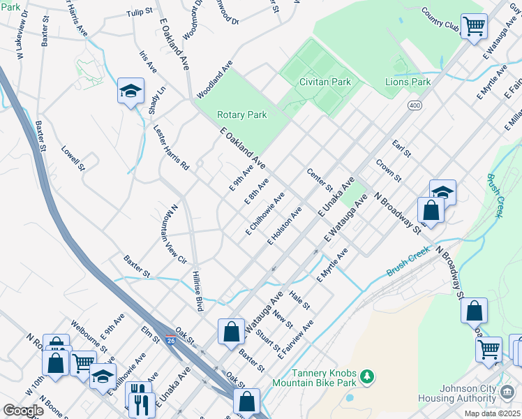 map of restaurants, bars, coffee shops, grocery stores, and more near 909 East Chilhowie Avenue in Johnson City