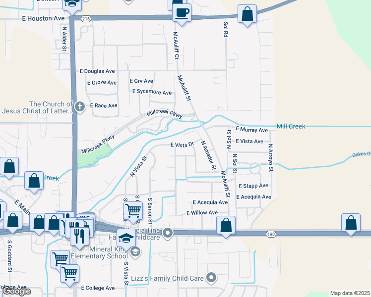 map of restaurants, bars, coffee shops, grocery stores, and more near 3735 East Vista Drive in Visalia