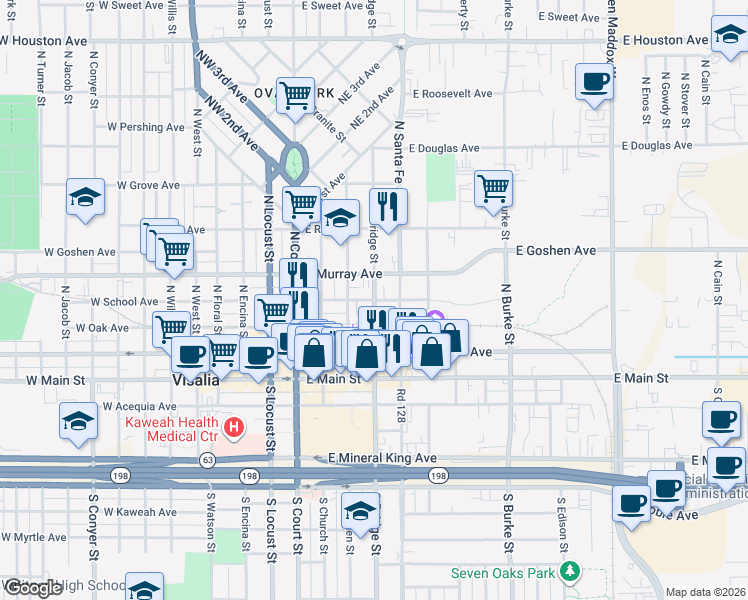 map of restaurants, bars, coffee shops, grocery stores, and more near 401 North Bridge Street in Visalia
