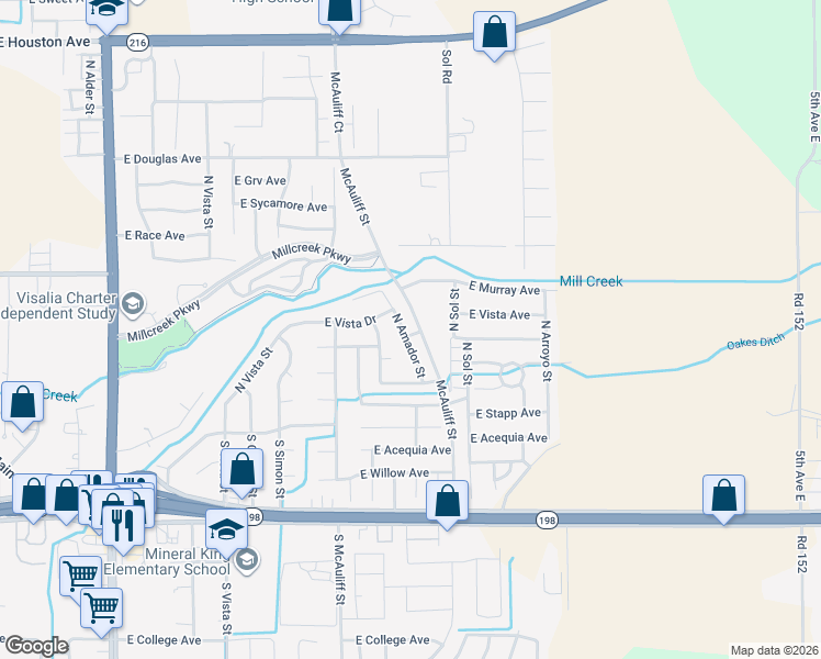 map of restaurants, bars, coffee shops, grocery stores, and more near McAuliff Street in Visalia