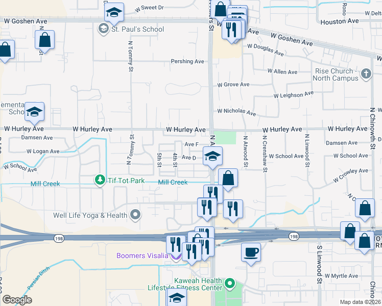 map of restaurants, bars, coffee shops, grocery stores, and more near 415 North Akers Street in Visalia