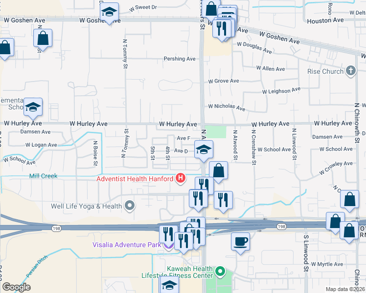 map of restaurants, bars, coffee shops, grocery stores, and more near 415 North Akers Street in Visalia