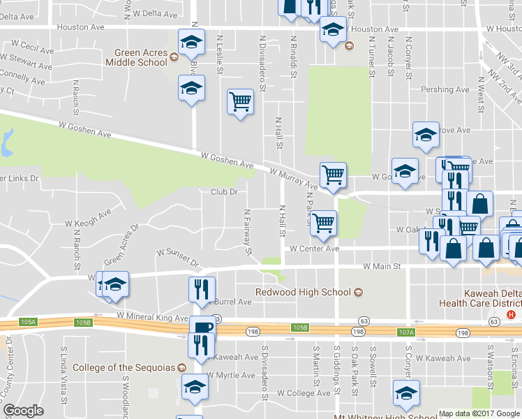 map of restaurants, bars, coffee shops, grocery stores, and more near 1645 West School Avenue in Visalia