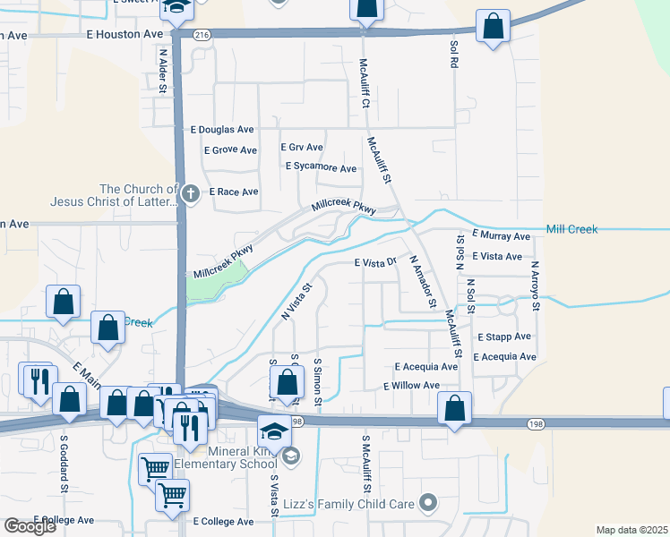 map of restaurants, bars, coffee shops, grocery stores, and more near 446 North Vista Street in Visalia