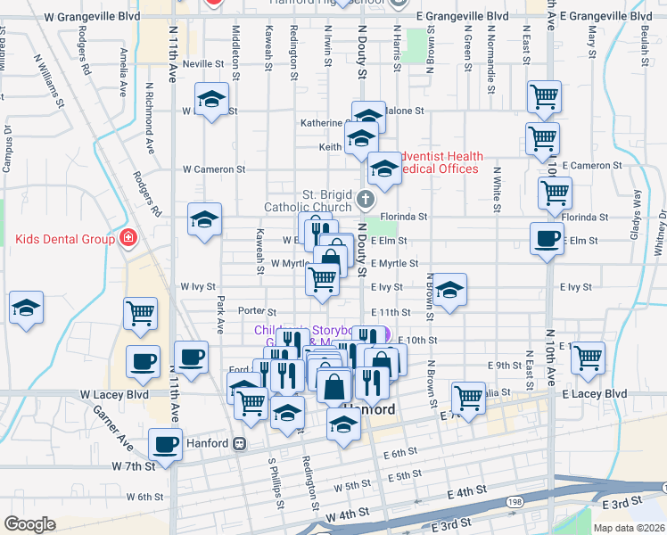 map of restaurants, bars, coffee shops, grocery stores, and more near 735 North Irwin Street in Hanford