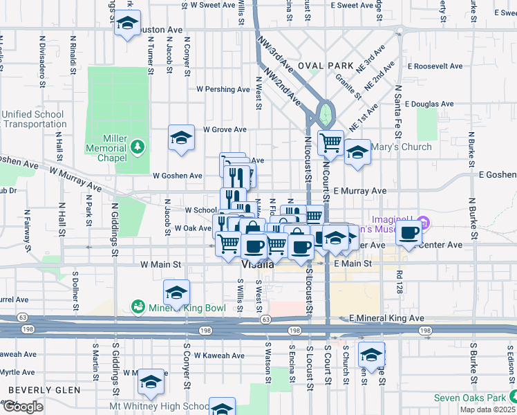 map of restaurants, bars, coffee shops, grocery stores, and more near 400 North West Street in Visalia