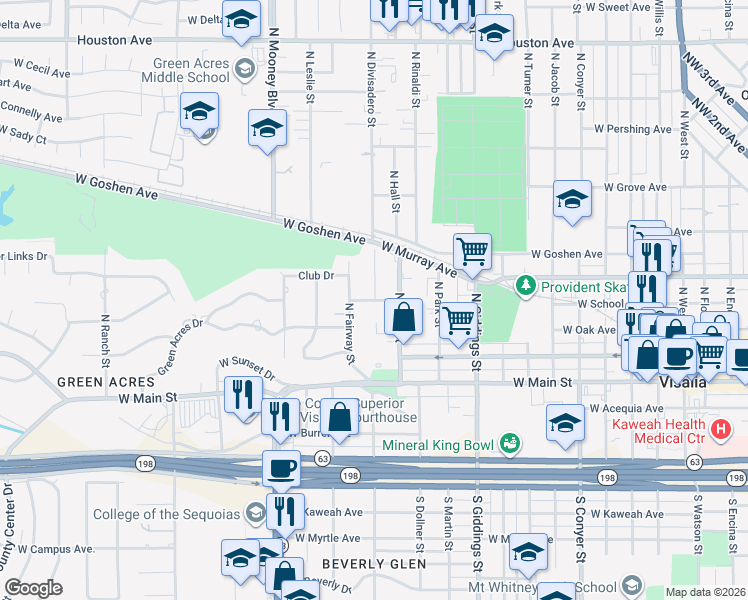 map of restaurants, bars, coffee shops, grocery stores, and more near 1600-1710 West School Avenue in Visalia