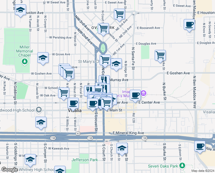 map of restaurants, bars, coffee shops, grocery stores, and more near 108 East School Avenue in Visalia