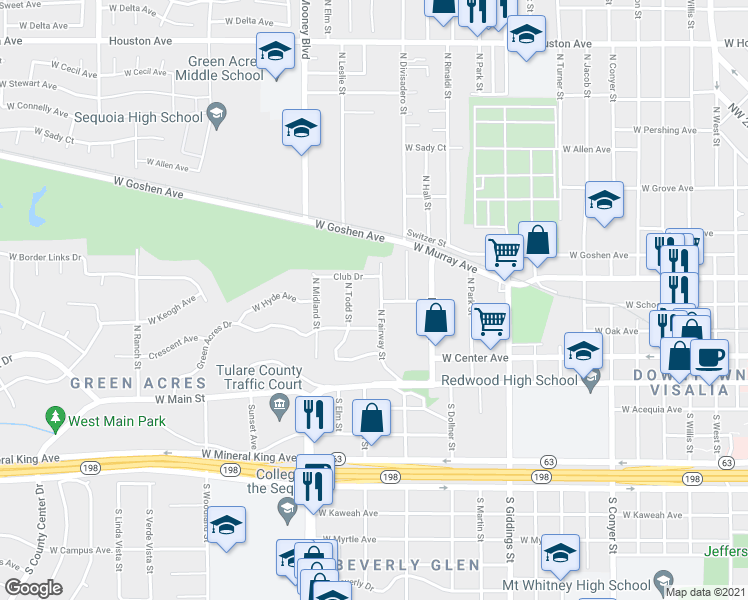 map of restaurants, bars, coffee shops, grocery stores, and more near 307 North Fairway Street in Visalia