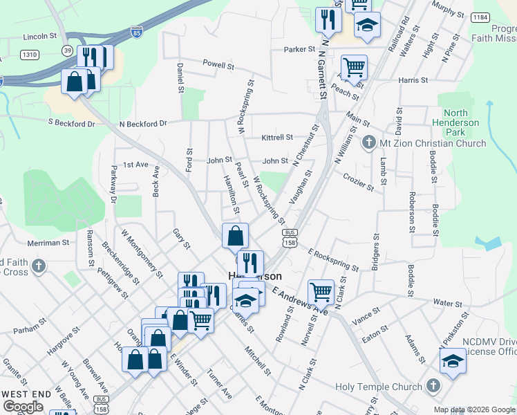 map of restaurants, bars, coffee shops, grocery stores, and more near 212 Pearl Street in Henderson