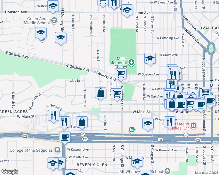 map of restaurants, bars, coffee shops, grocery stores, and more near 316 North Park Street in Visalia