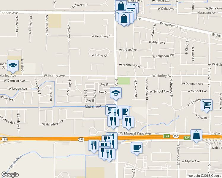 map of restaurants, bars, coffee shops, grocery stores, and more near 415 North Akers Street in Visalia