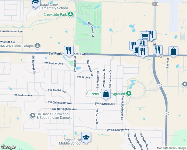 map of restaurants, bars, coffee shops, grocery stores, and more near 3805 Southwest Maple Road in Bentonville