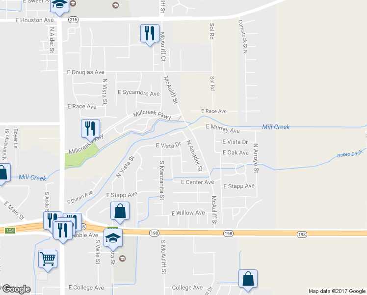 map of restaurants, bars, coffee shops, grocery stores, and more near 424 Citrus Street in Visalia