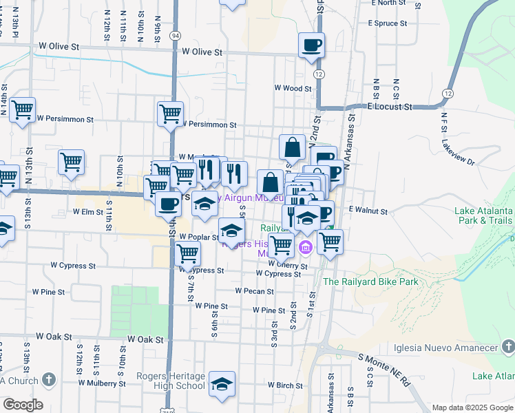 map of restaurants, bars, coffee shops, grocery stores, and more near 408 West Walnut Street in Rogers