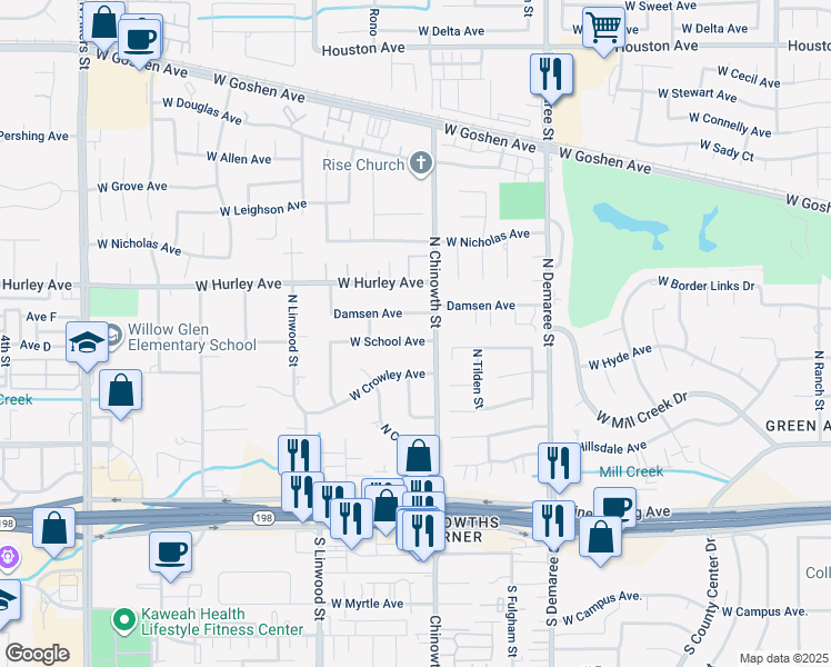 map of restaurants, bars, coffee shops, grocery stores, and more near 4130 West School Avenue in Visalia