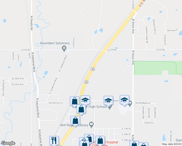map of restaurants, bars, coffee shops, grocery stores, and more near 2102 Route 66 in Claremore