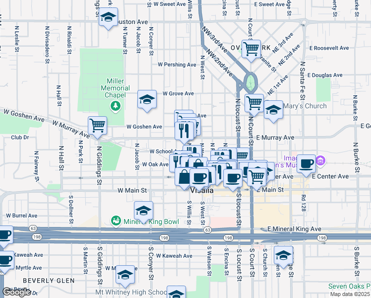 map of restaurants, bars, coffee shops, grocery stores, and more near 401 North Willis Street in Visalia