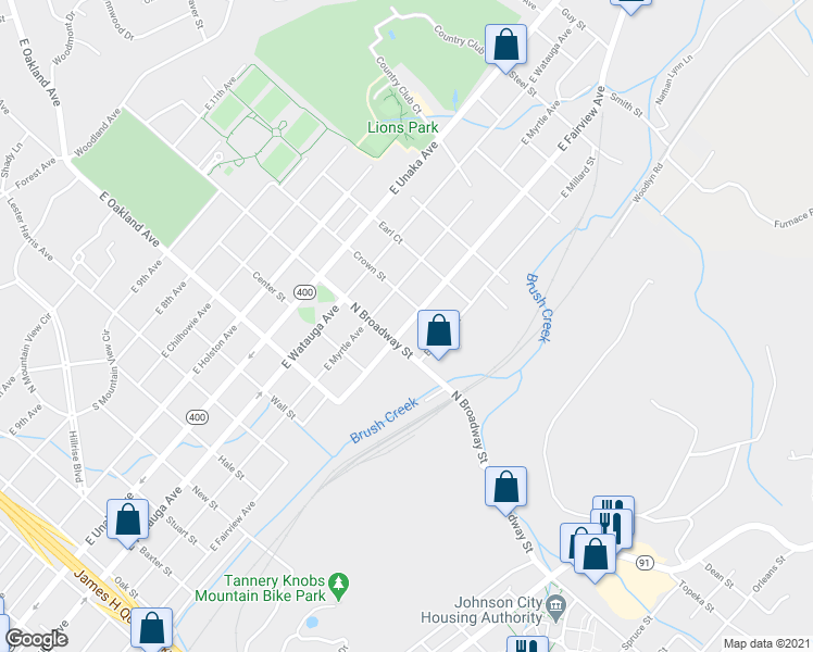 map of restaurants, bars, coffee shops, grocery stores, and more near 1309 East Fairview Avenue in Johnson City