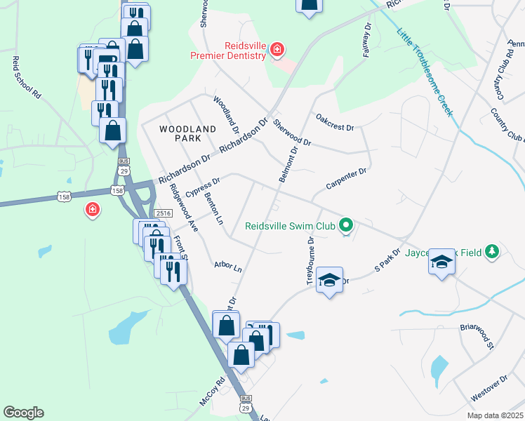 map of restaurants, bars, coffee shops, grocery stores, and more near 2120 Belmont Drive in Reidsville