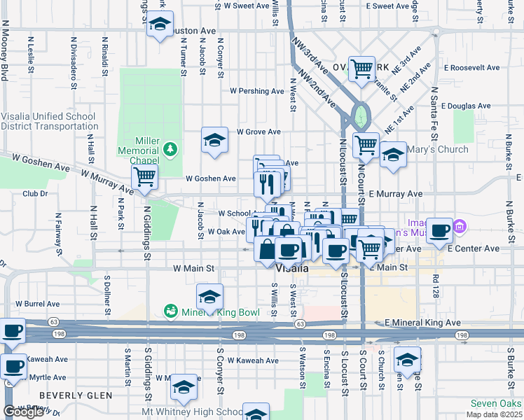 map of restaurants, bars, coffee shops, grocery stores, and more near 401 North Willis Street in Visalia