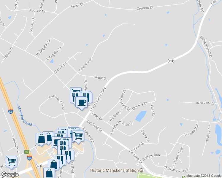 map of restaurants, bars, coffee shops, grocery stores, and more near 601 Long Hollow Pike in Goodlettsville