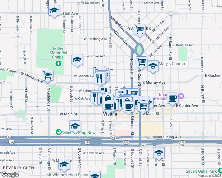 map of restaurants, bars, coffee shops, grocery stores, and more near 400 North West Street in Visalia