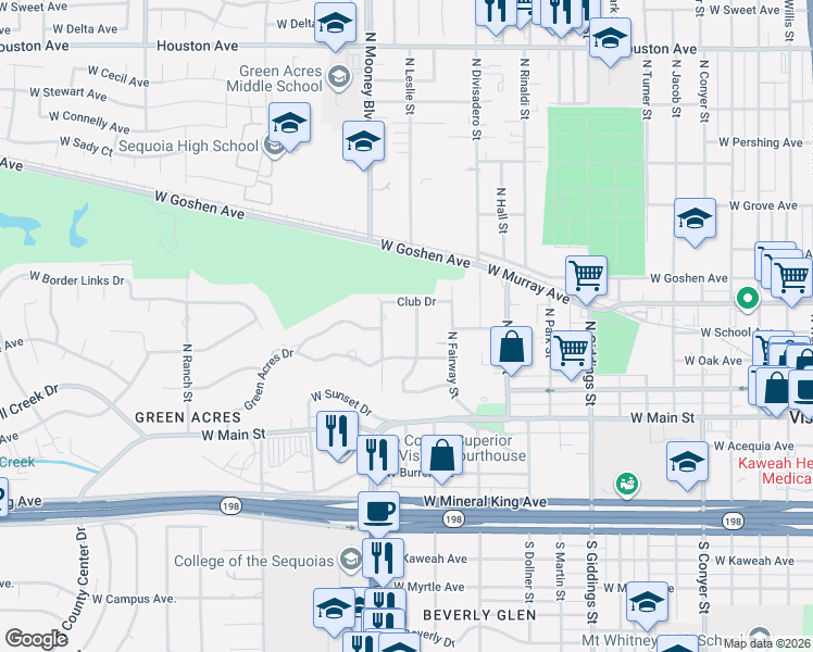 map of restaurants, bars, coffee shops, grocery stores, and more near 407 North Todd Street in Visalia