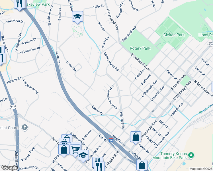 map of restaurants, bars, coffee shops, grocery stores, and more near 705 North Mountain View Circle in Johnson City