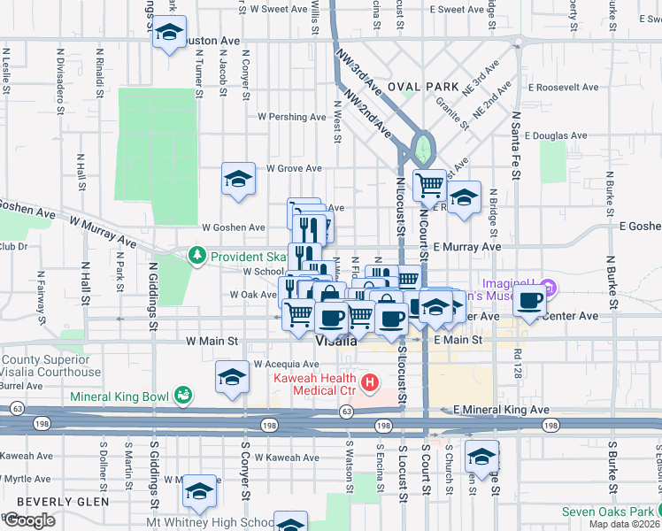 map of restaurants, bars, coffee shops, grocery stores, and more near 400 North West Street in Visalia
