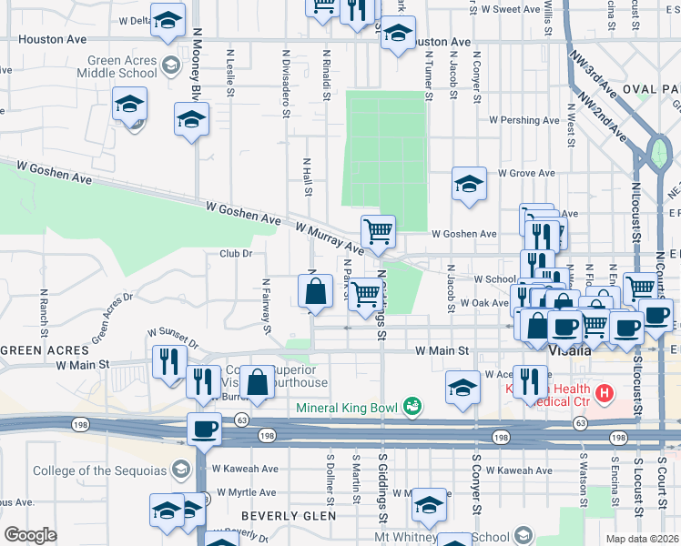 map of restaurants, bars, coffee shops, grocery stores, and more near 316 North Park Street in Visalia
