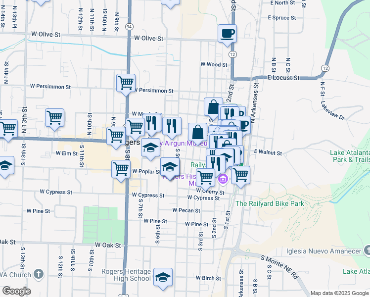 map of restaurants, bars, coffee shops, grocery stores, and more near 408 West Walnut Street in Rogers