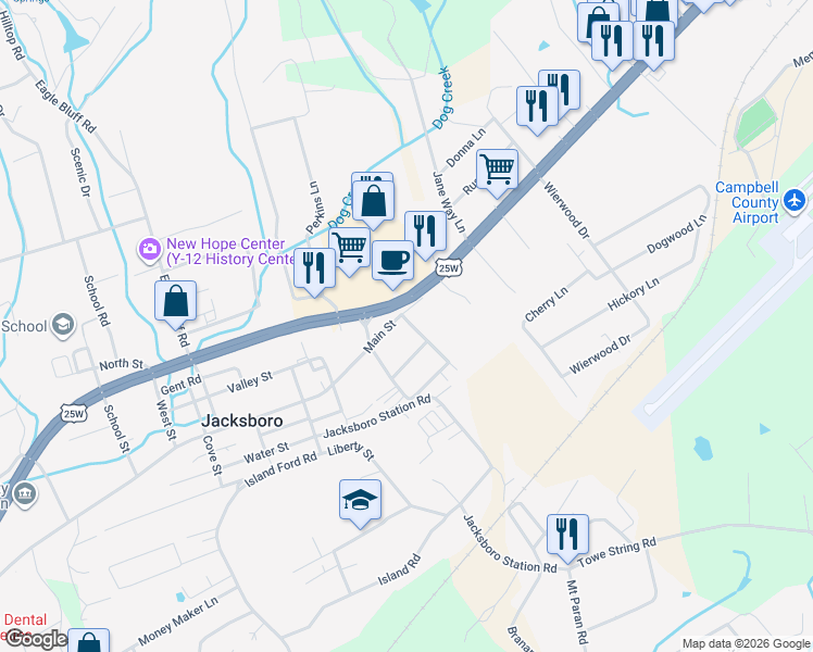 map of restaurants, bars, coffee shops, grocery stores, and more near 207 Main Street in Jacksboro