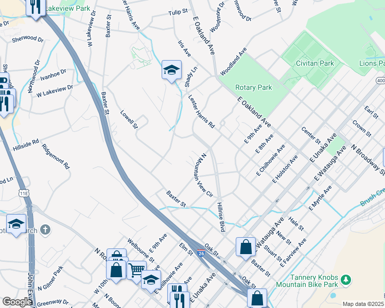 map of restaurants, bars, coffee shops, grocery stores, and more near 705 North Mountain View Circle in Johnson City