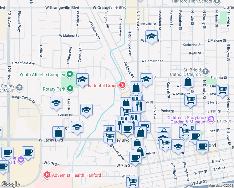 map of restaurants, bars, coffee shops, grocery stores, and more near 730 Greenfield Avenue in Hanford