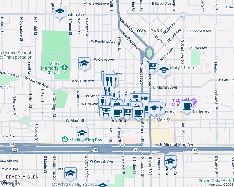 map of restaurants, bars, coffee shops, grocery stores, and more near 400 North West Street in Visalia